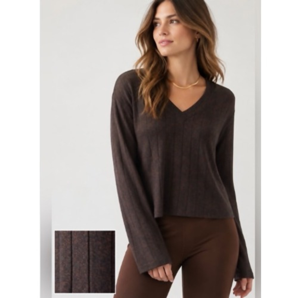 Athleta Harmony Pose Hoodie Large Burgundy Black Space Dye Ribbed V-Neck Top